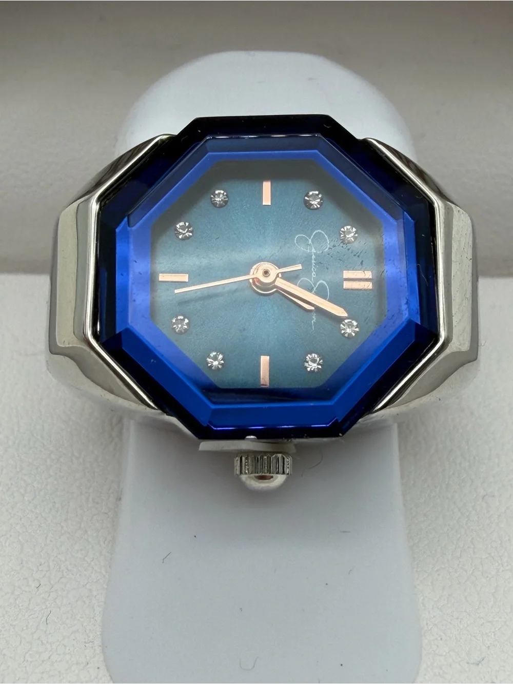 Jessica Simpson Blue Bezel Ring Watch with Silver Band